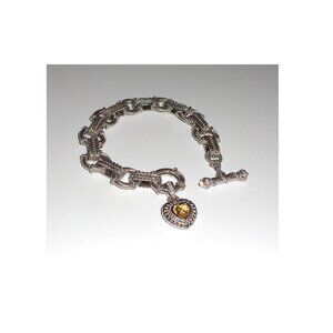 Judith Ripka 8.5"Sterling Silver Citrine CZ Textured Toggle Bracelet Heart Charm